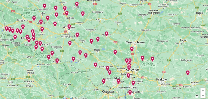 mapa zawierająca lokalizacje, w których dokonano wymiany oświetlenia
