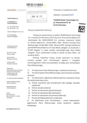 List referencyjny dla TAURON Nowe Technologie S.A. od firmy KGHM