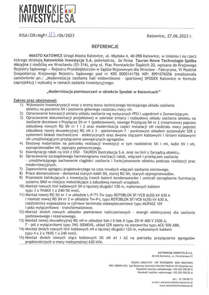 List referencyjny dla TAURON Nowe Technologie S.A. od firmy KATOWICKIE INWESTYCJE