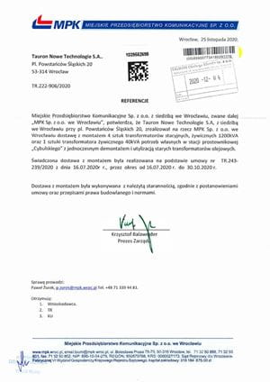 List referencyjny dla TAURON Nowe Technologie S.A. od firmy MPK Wrocław