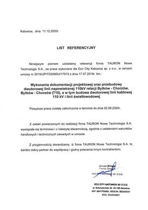 List referencyjny dla TAURON Nowe Technologie S.A. od firmy Eco City Katowice