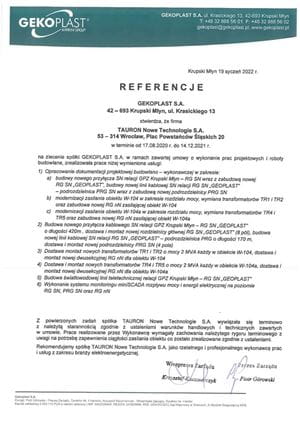 List referencyjny dla TAURON Nowe Technologie S.A. od firmy GEKOPLAST