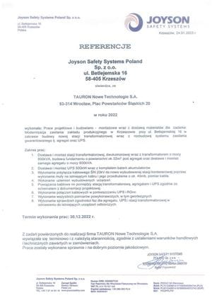 List referencyjny dla TAURON Nowe Technologie S.A. od firmy Joyson Safety Systems Poland