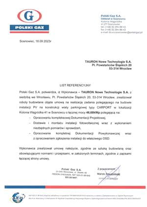 List referencyjny dla TAURON Nowe Technologie S.A. od firmy Polski Gaz